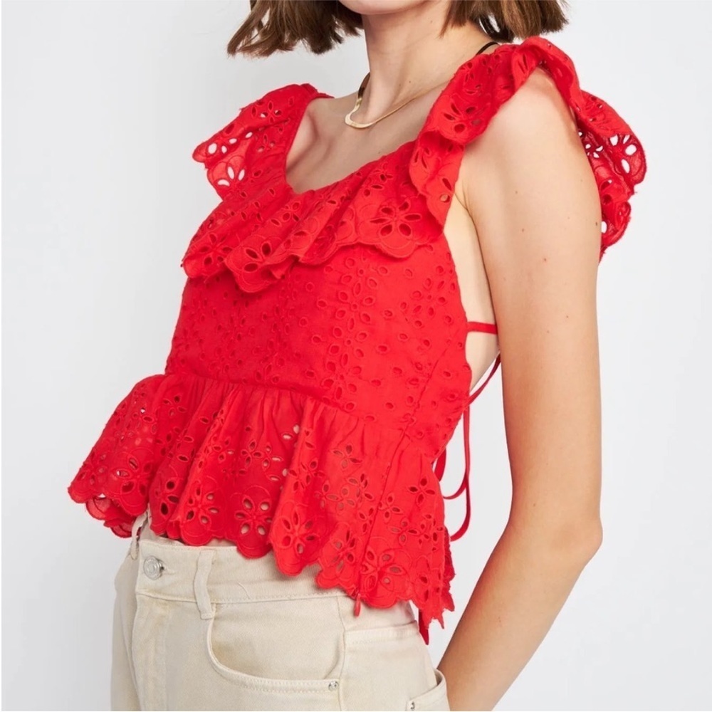 En Saison Red Eyelet Top